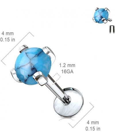 Semi Precious Stone Prong Set 316L Internally Threaded Labret, Monroe, Cartilage Stud Rings 16GA, Length: 6mm. Ball: 4mm, Whi...