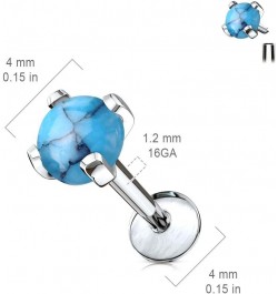 Semi Precious Stone Prong Set 316L Internally Threaded Labret, Monroe, Cartilage Stud Rings 16GA, Length: 6mm. Ball: 4mm, Whi...