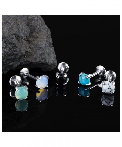 Semi Precious Stone Prong Set 316L Internally Threaded Labret, Monroe, Cartilage Stud Rings 16GA, Length: 6mm. Ball: 4mm, Whi...