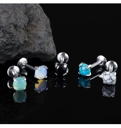 Semi Precious Stone Prong Set 316L Internally Threaded Labret, Monroe, Cartilage Stud Rings 16GA, Length: 6mm. Ball: 4mm, Whi...