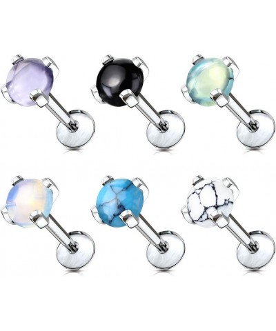 Semi Precious Stone Prong Set 316L Internally Threaded Labret, Monroe, Cartilage Stud Rings 16GA, Length: 6mm. Ball: 4mm, Whi...