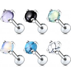 Semi Precious Stone Prong Set 316L Internally Threaded Labret, Monroe, Cartilage Stud Rings 16GA, Length: 6mm. Ball: 4mm, Whi...