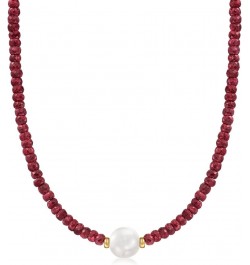 11.5-12.5mm Cultured Pearl and 75.00 ct. t.w. Ruby Bead Necklace With 14kt Yellow Gold 16.0 Inches $152.22 Necklaces