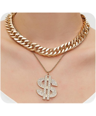 Dollar Sign Necklace Layered Cuban Chain Necklace Rhinestone Dollar Sign Pendant Chunky Cuban Chain Choker Jewelry for Women ...