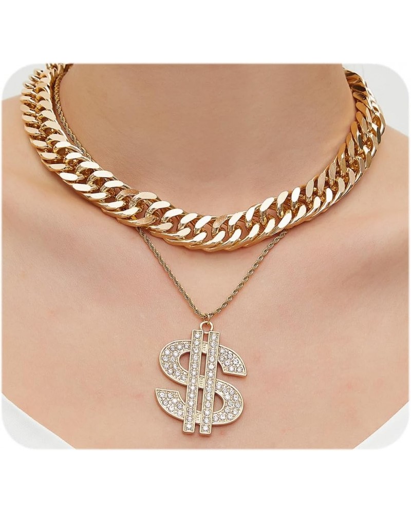 Dollar Sign Necklace Layered Cuban Chain Necklace Rhinestone Dollar Sign Pendant Chunky Cuban Chain Choker Jewelry for Women ...