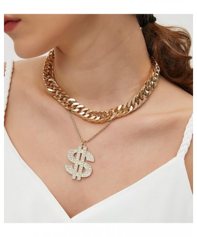 Dollar Sign Necklace Layered Cuban Chain Necklace Rhinestone Dollar Sign Pendant Chunky Cuban Chain Choker Jewelry for Women ...