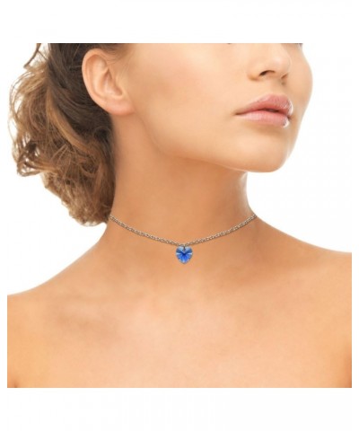 Sterling Silver European Crystal Heart Short Choker Necklace for Women Girls Blue - September $11.48 Necklaces