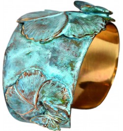 Elaine Coyne Wearable Art Verdigris Patina Brass Asian Delight Butterflies and Flowers Tapered Cuff Bracelet $67.20 Bracelets