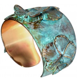 Elaine Coyne Wearable Art Verdigris Patina Brass Asian Delight Butterflies and Flowers Tapered Cuff Bracelet $67.20 Bracelets