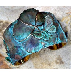 Elaine Coyne Wearable Art Verdigris Patina Brass Asian Delight Butterflies and Flowers Tapered Cuff Bracelet $67.20 Bracelets