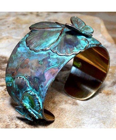 Elaine Coyne Wearable Art Verdigris Patina Brass Asian Delight Butterflies and Flowers Tapered Cuff Bracelet $67.20 Bracelets