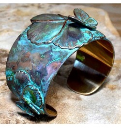 Elaine Coyne Wearable Art Verdigris Patina Brass Asian Delight Butterflies and Flowers Tapered Cuff Bracelet $67.20 Bracelets