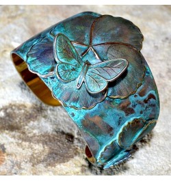 Elaine Coyne Wearable Art Verdigris Patina Brass Asian Delight Butterflies and Flowers Tapered Cuff Bracelet $67.20 Bracelets