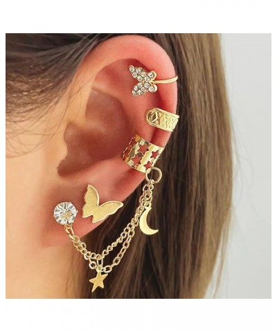 Butterfly Ear Cuff Crystal Stud Chain Tassel Earrings for Women,Gold Plated CZ Ear Cuff Wrap Climber Clips Drop Dangle Non-Pi...