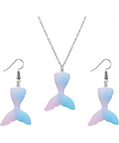 2 Pcs Colorful Mermaid Tail Resin Pendant Earrings Set Cartoon Fishtail Good Friend Necklace for Girls Women Pink blue $8.24 ...