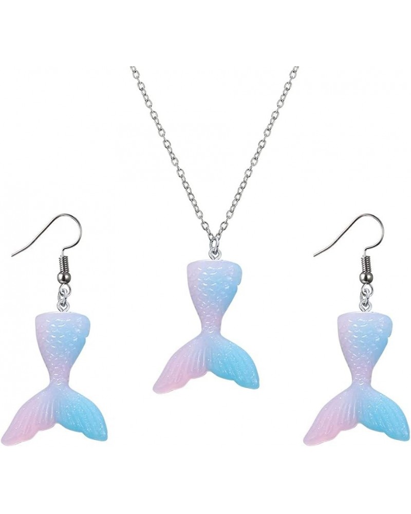 2 Pcs Colorful Mermaid Tail Resin Pendant Earrings Set Cartoon Fishtail Good Friend Necklace for Girls Women Pink blue $8.24 ...