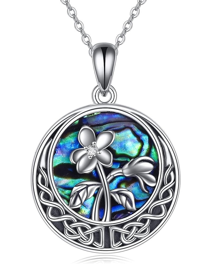 Birth Flower Necklace 925 Sterling Silver Celtic Knot Birth Month Flower Necklace with Abalone Shell Anniversary Birthday Jew...