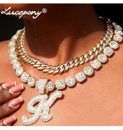 2pcs Cuban Link Chain for Women Cursive Silver Initial Necklace Cuban Link Necklace for Women Hip Hop Iced Out Chain Necklace...