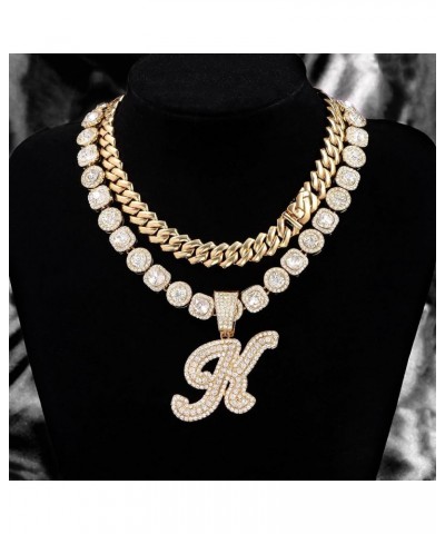 2pcs Cuban Link Chain for Women Cursive Silver Initial Necklace Cuban Link Necklace for Women Hip Hop Iced Out Chain Necklace...