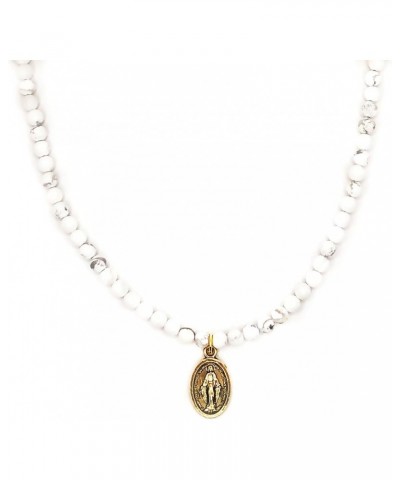 Miraculous Medal Necklace for Women, Religious Jewelry, White Howlite Stone Beads $14.62 Necklaces