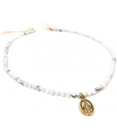 Miraculous Medal Necklace for Women, Religious Jewelry, White Howlite Stone Beads $14.62 Necklaces