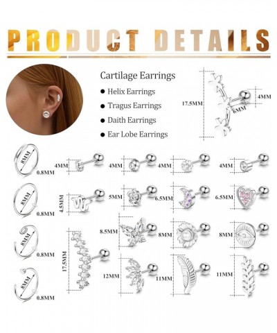 24PCS 16G Cartilage Earrings for Women Helix Tragus Piercing Earrings Flower butterfly Heart Stars Moon Stainless Steel Carti...