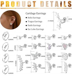 24PCS 16G Cartilage Earrings for Women Helix Tragus Piercing Earrings Flower butterfly Heart Stars Moon Stainless Steel Carti...